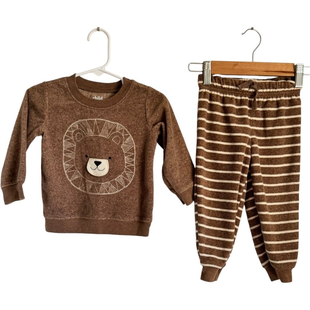 Carters Baby Fleece Bear Pants Matching Set 18M Soft Cute Warm Brown Stripe